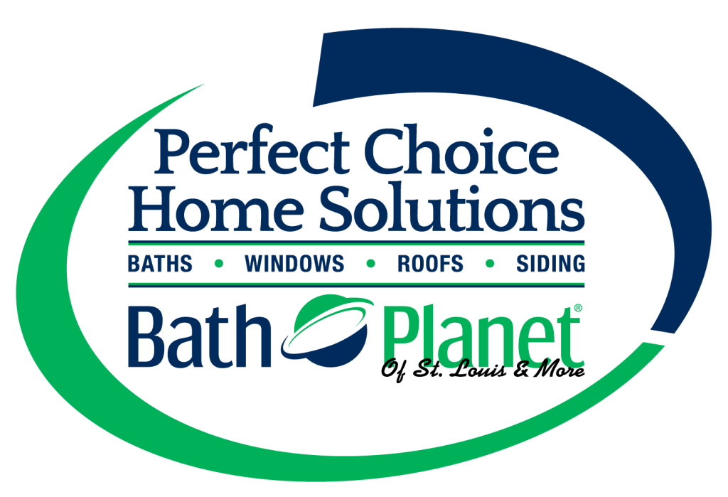 Logo for Perfect Choice Home Solutions and Bath Planet, green and blue. Text includes services.