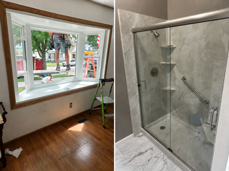 Collage of a bay window install in progress in a living room and a finished glass walk-in shower with grab bars.
