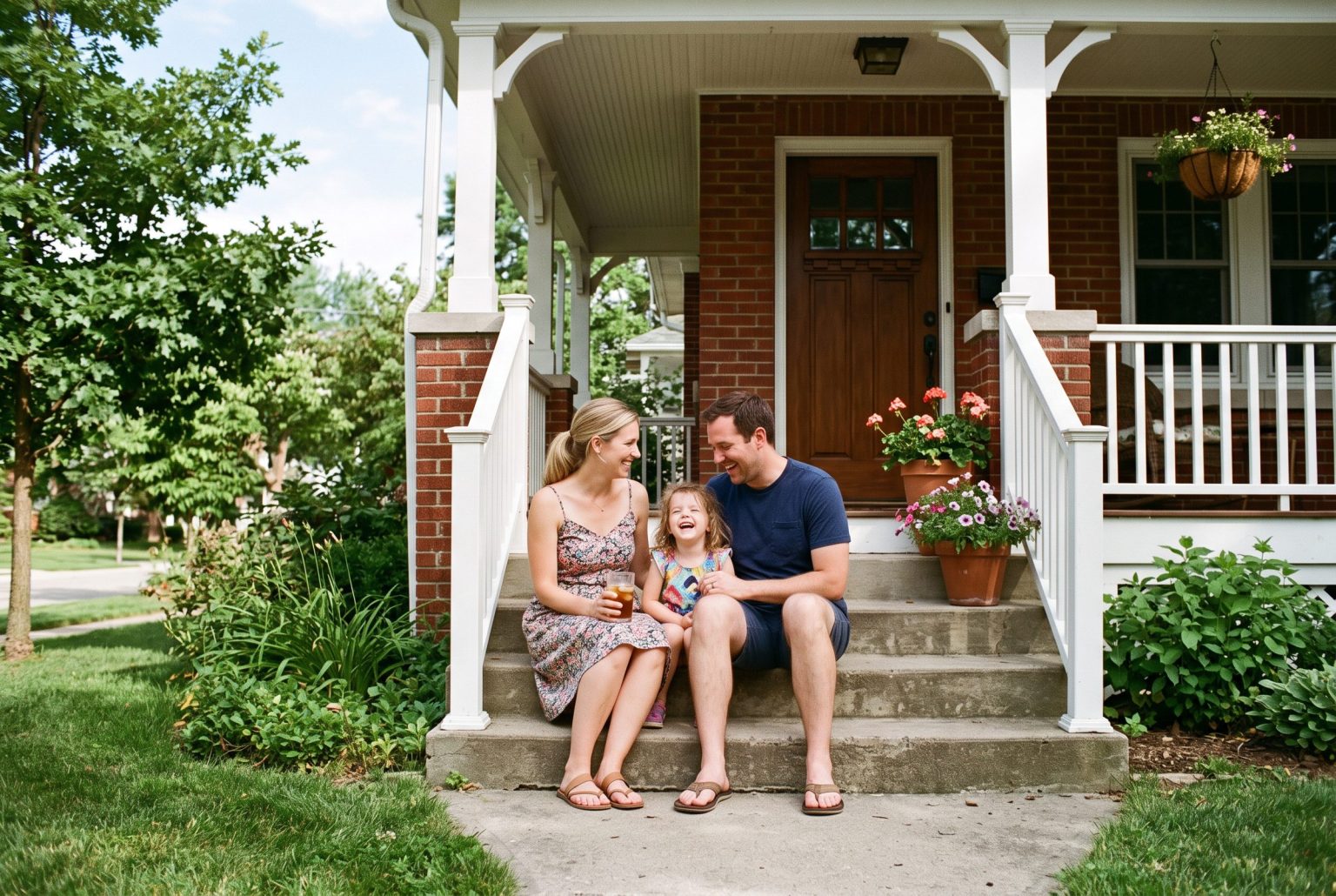 A couple and their young daughter laughing on the front steps of a red-brick home with a white porch railing and potted flowers.