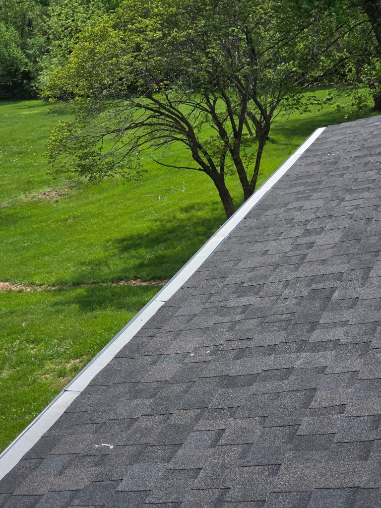 A silver gutter guard running the length of a dark shingle roof edge in St. Charles, MO, above a green lawn and trees.