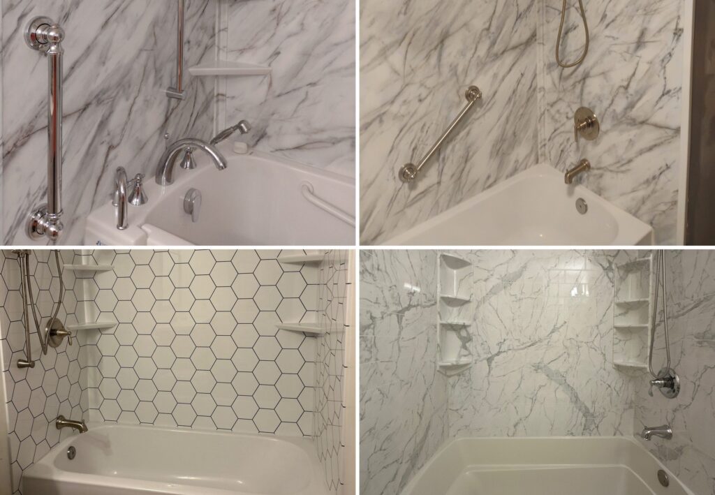 Four finished tub installs: marble-look and hexagon tile-look wall surrounds with grab bars, corner shelves and new faucets.